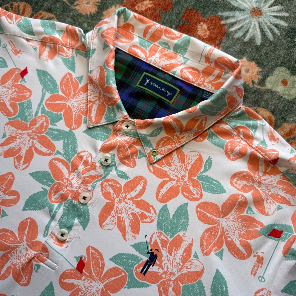 William Murray Golf Mens XL Azalea Floral Polo Shirt Orange Green Masters Style